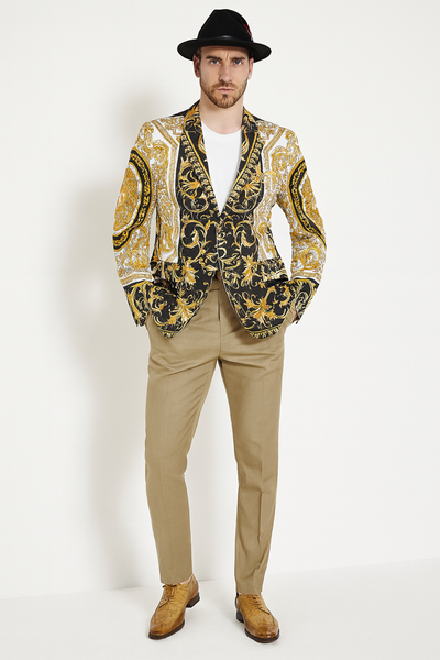 Men’s Black and Gold Baroque Blazer with Matching Pants, Hat, and Shoes – Luxury Party and Wedding Outfit Set 2   - from alligatorwarehouse.com