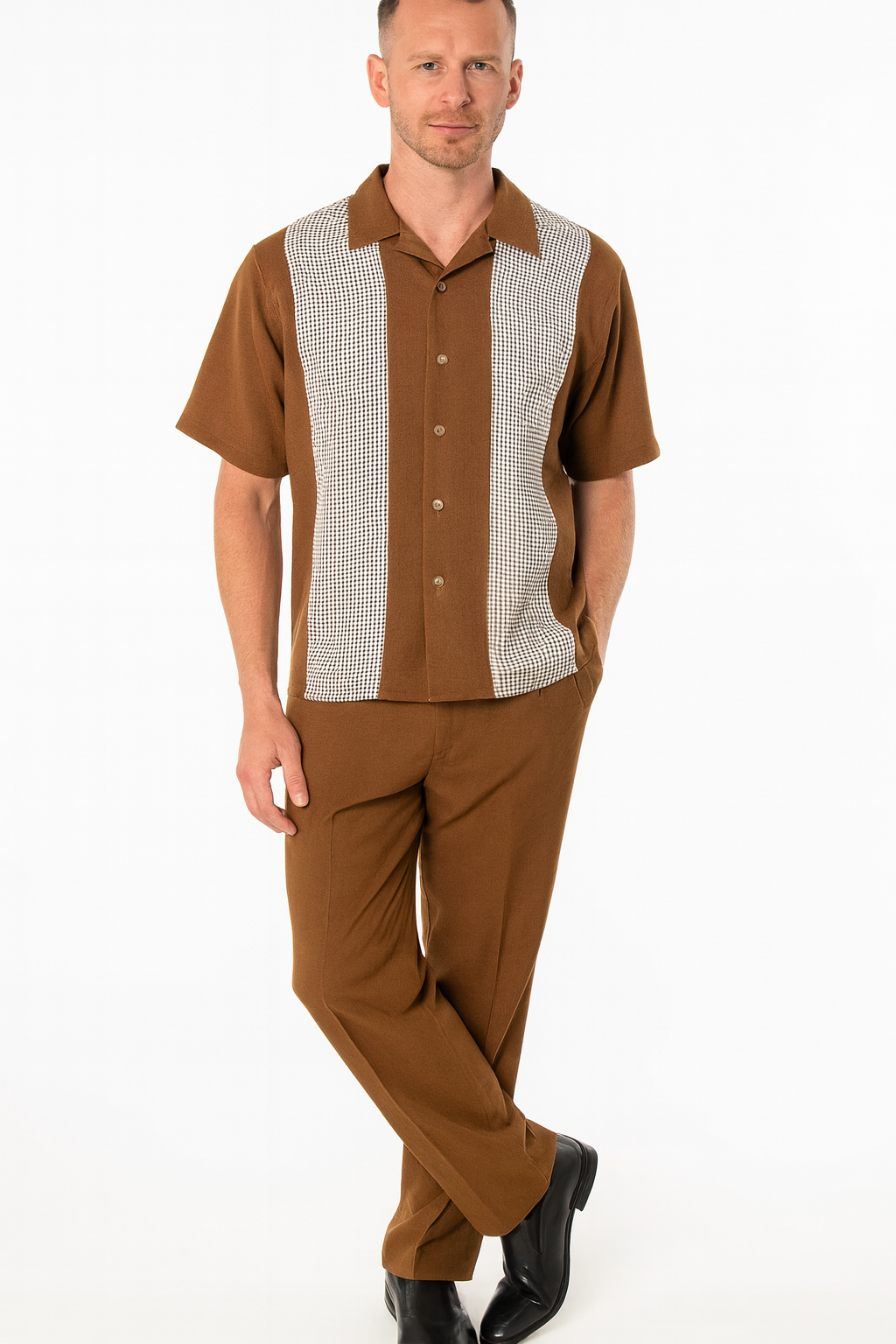 Men’s Cognac Tan Two-Piece Outfit – Short Sleeve Button-Up Shirt and Pants Set