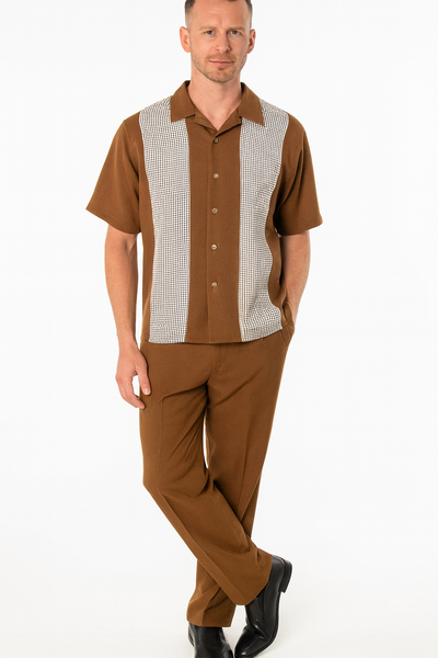 Men’s Cognac Tan Two-Piece Outfit – Short Sleeve Button-Up Shirt and Pants Set 4   - from alligatorwarehouse.com