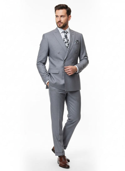 Mens Grey Tone on Tone Double-Breasted Suit – Classic Slim Fit 2 Piece Formal Business Gray Shadow Stripe 1   - from alligatorwarehouse.com
