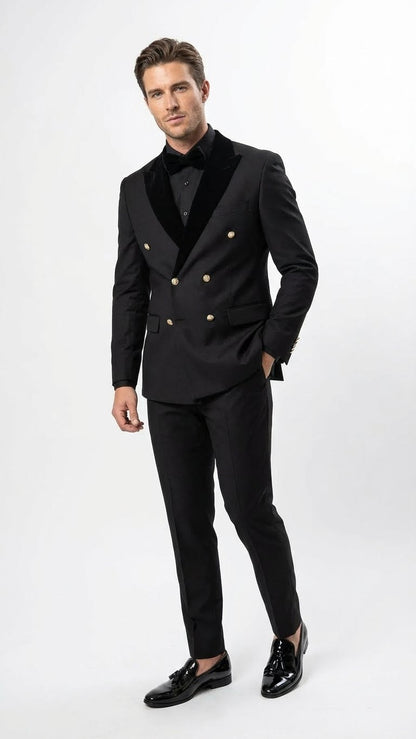 Men’s Black Double Breasted Tuxedo Suit – Luxury Formal Dinner Jacket Gold Buttons Velvet Lapel