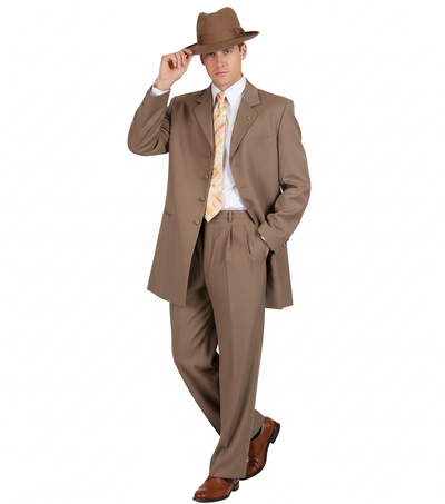 Men’s 1920s Tan Zoot Suit with Fedora Hat and Wingtip Shoes – Vintage Gangster 3-Piece Long Jacket Suit 1   - from alligatorwarehouse.com