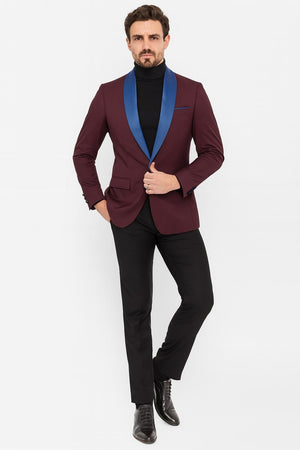 Mens Burgundy Tuxedo Dinner Jacket Blazer with Blue Satin Shawl Lapel  Wedding and Party Jacket