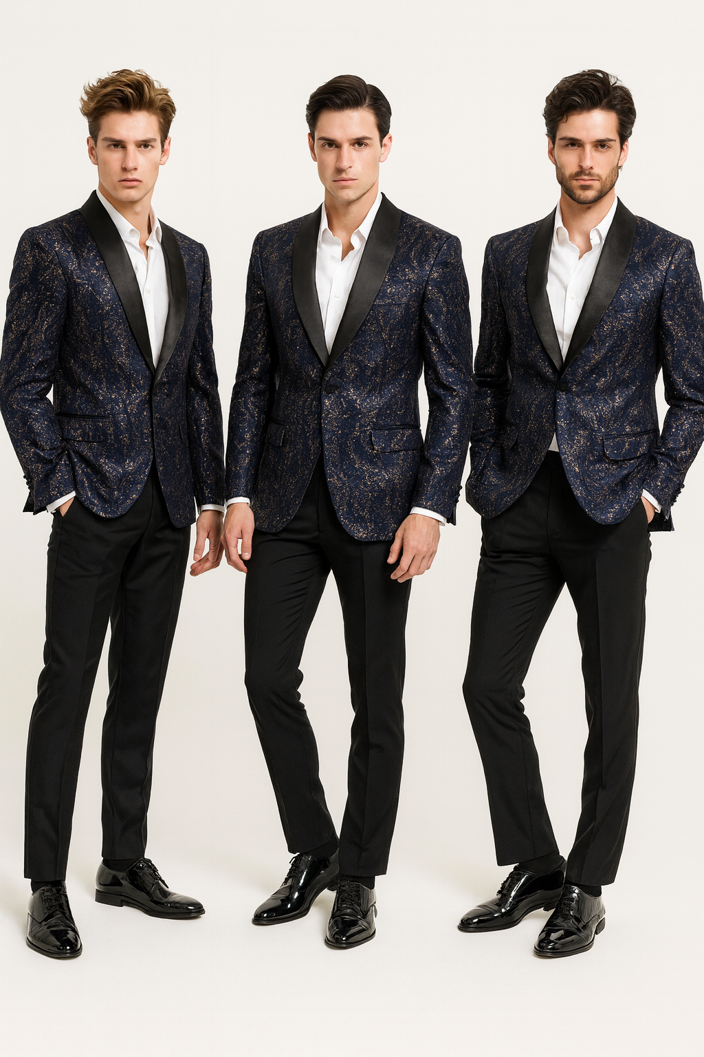 Men’s Navy Blue Sequin Tuxedo Jacket with Black Satin Shawl Lapel – Luxury Prom and Wedding Blazer