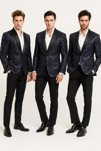 Men’s Navy Blue Sequin Tuxedo Jacket with Black Satin Shawl Lapel – Luxury Prom and Wedding Blazer 1   - from alligatorwarehouse.com