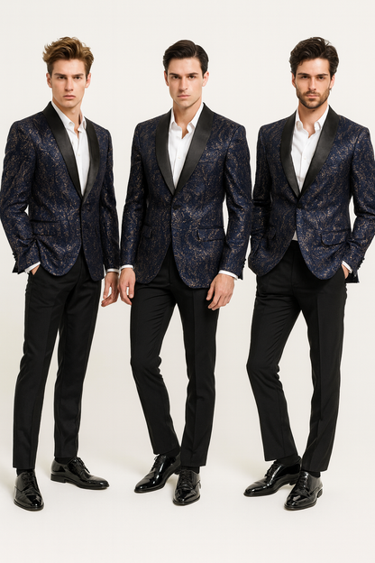 Men’s Navy Blue Sequin Tuxedo Jacket with Black Satin Shawl Lapel – Luxury Prom and Wedding Blazer