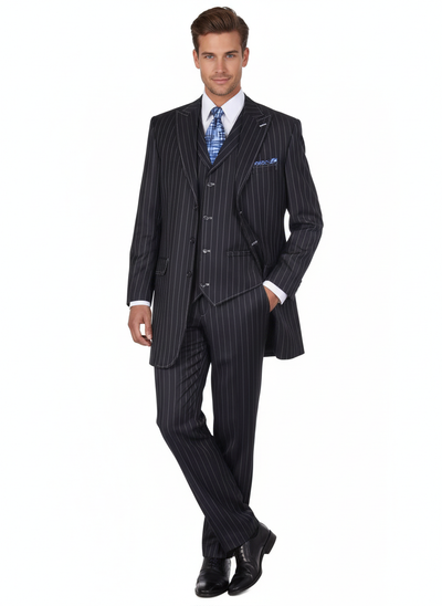 Men’s Three Button Suits -  Navy Blue Pinstripe Three-Piece Suit – Classic Business and Formal Wear with Tailored Fit 6   - from alligatorwarehouse.com