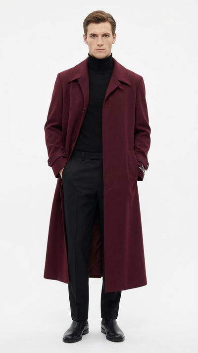 Men’s Full-Length Burgundy Overcoat – Microfiber 4 season fabric  Long Formal Coat with Classic Tailored Maxi Duster Coat 1   - from alligatorwarehouse.com