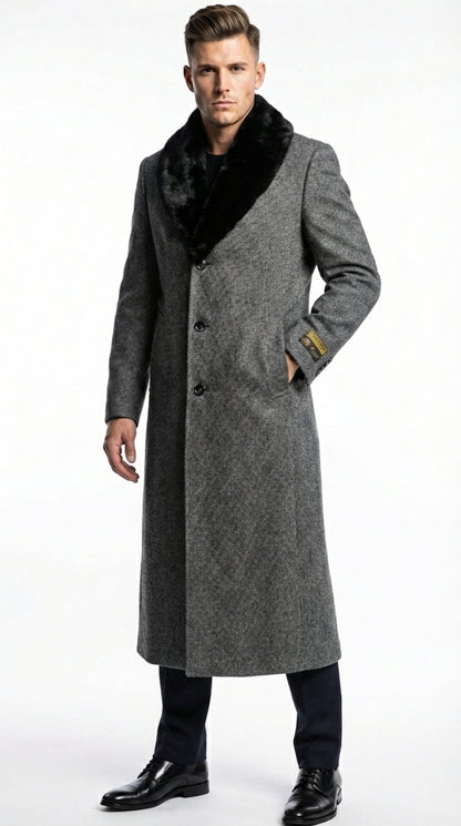 Men's Grey Herringbone Tweed Long Overcoat with Black Faux Fur Collar, Classic Winter Topcoat