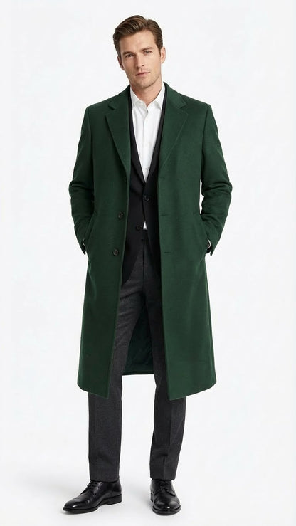 Men’s Hunter Green Full-Length Wool Overcoat – Classic Winter Dress Coat for Formal and Casual Wear Topcoat Mens Wintercoat