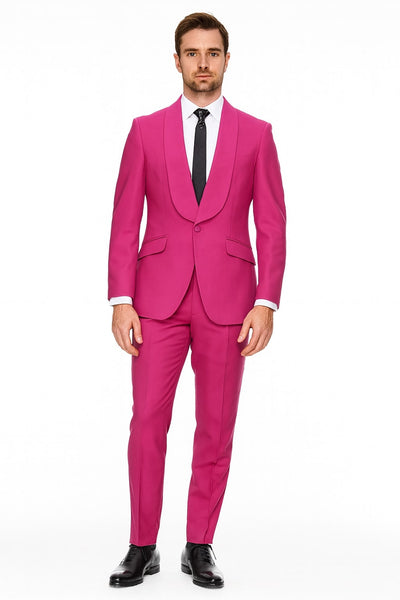 Mens Hot Pink Tuxedo Dinner Jacket + Pants with Shawl Lapel – Slim Fit 2-Piece Suit for Weddings, Proms Suit in Fuchsia Colors 1   - from alligatorwarehouse.com