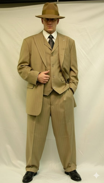 Mens Tan Pinstripe Three Button Suit – 1920s Gangster Vintage 3-Piece Suit with Wide-Leg Pants and Fedora Style in Beige Color 1   - from alligatorwarehouse.com