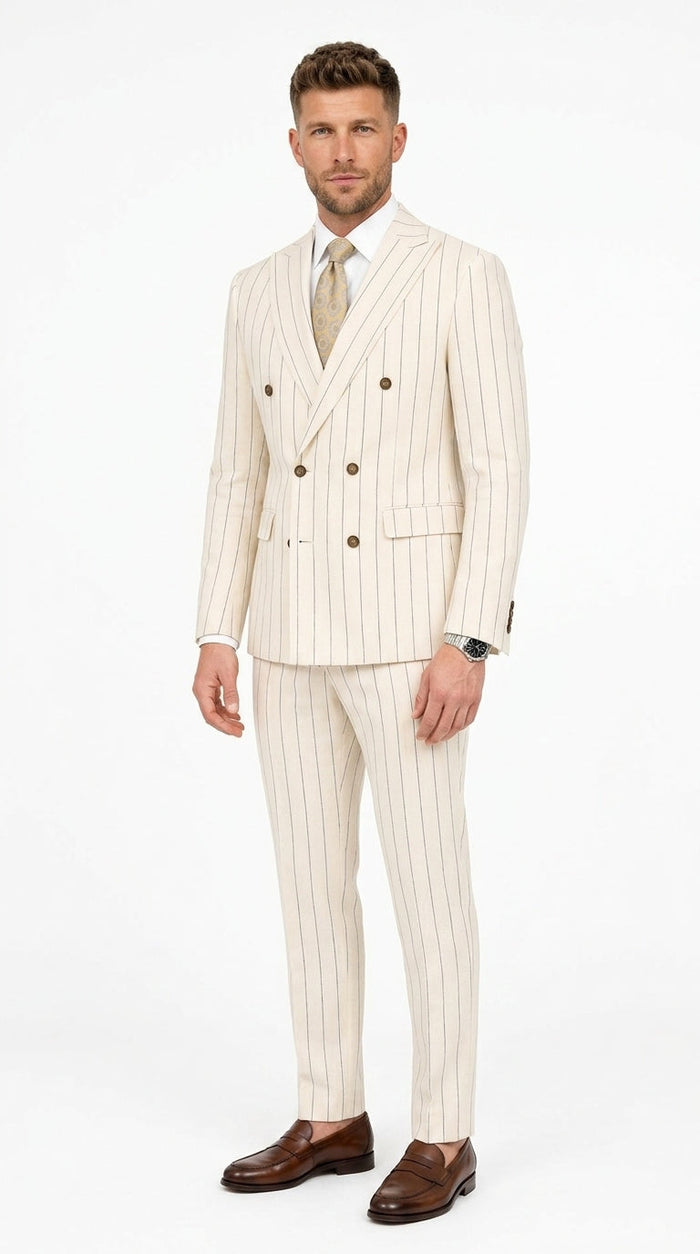 Men’s Cream Off White Pinstripe Pinstripe 2 Piece Double Breasted Suit, Summer Wedding Ivory Color By Vitali