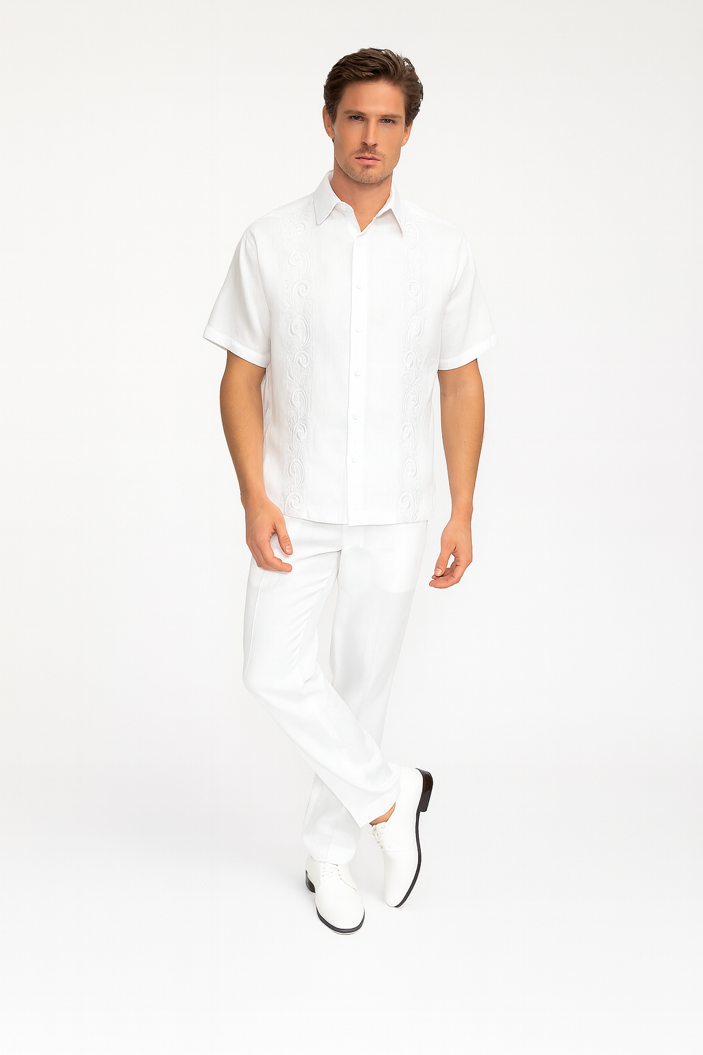 Men’s Linen White Embroidered Guayabera Two-Piece Set – Short Sleeve Shirt and Pants - Summer Walking Suit 2   - from alligatorwarehouse.com