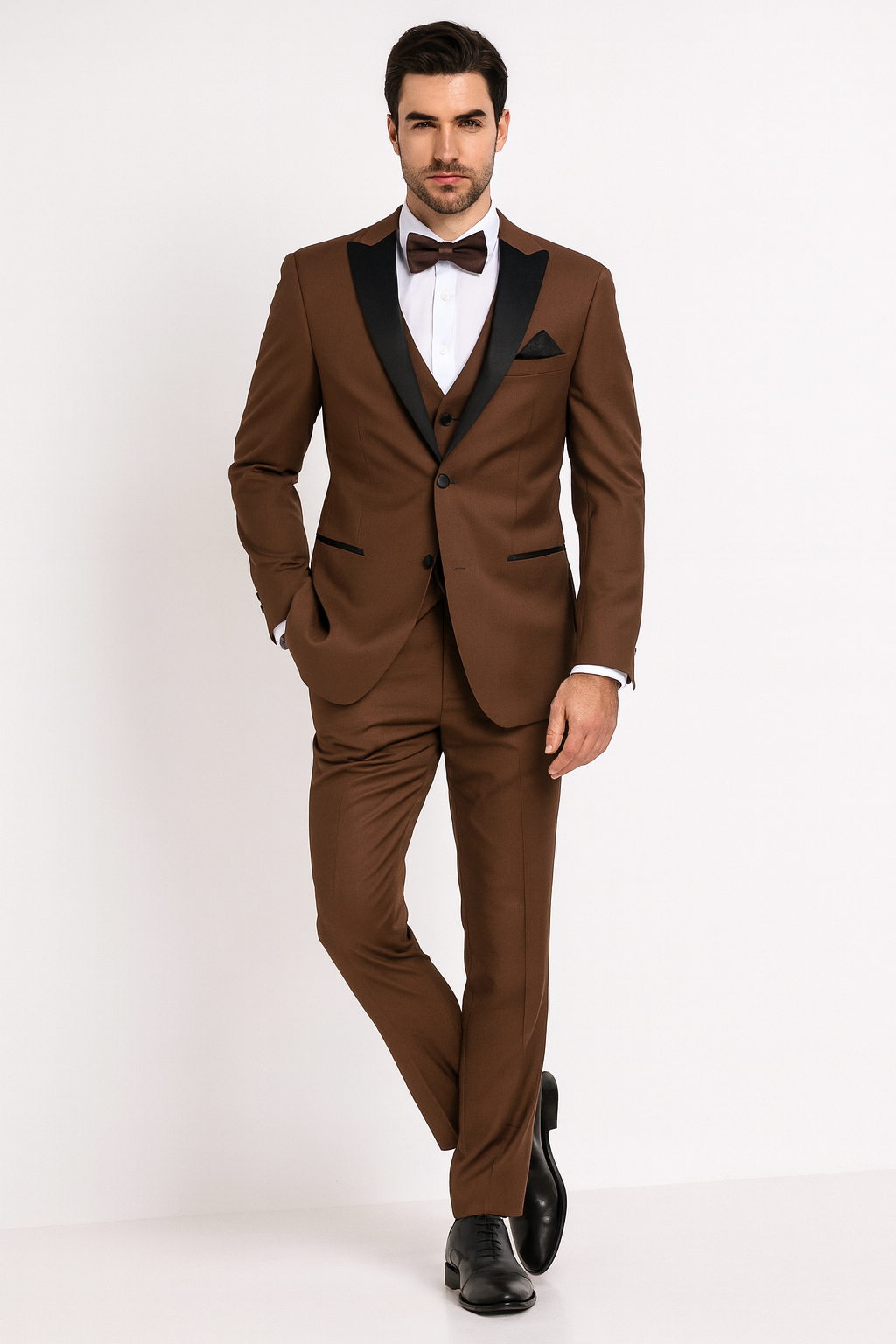 Men’s Light Brown Tuxedo Suit with Black Satin Lapel – 3 Piece Formal Wedding & Prom Outfit - Country Look
