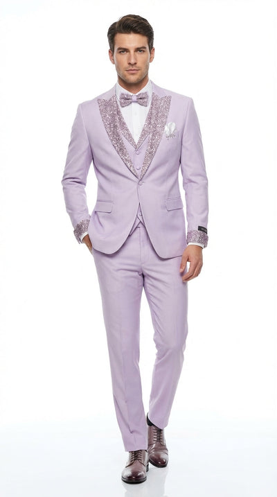 Men’s Lilac Suit with Silver Glitter Sequin Lapel – Lilac and Silver Formal Tuxedo Suit for Prom, Wedding  Lavender Tuxedo