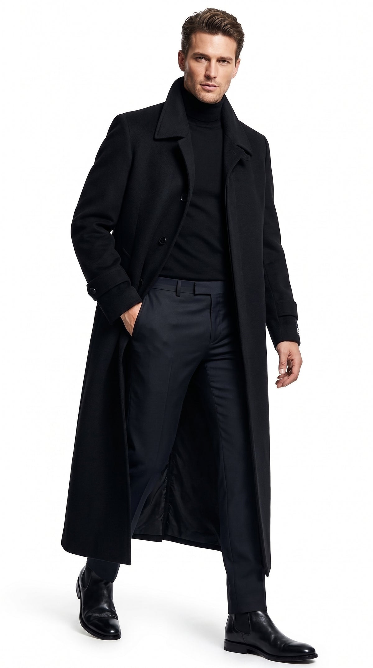 Men's Black Full-Length Duster Maxi Coat – Classic 4-Button Long Overcoat, Gothic Trench Coat & Winter Formal Outerwear