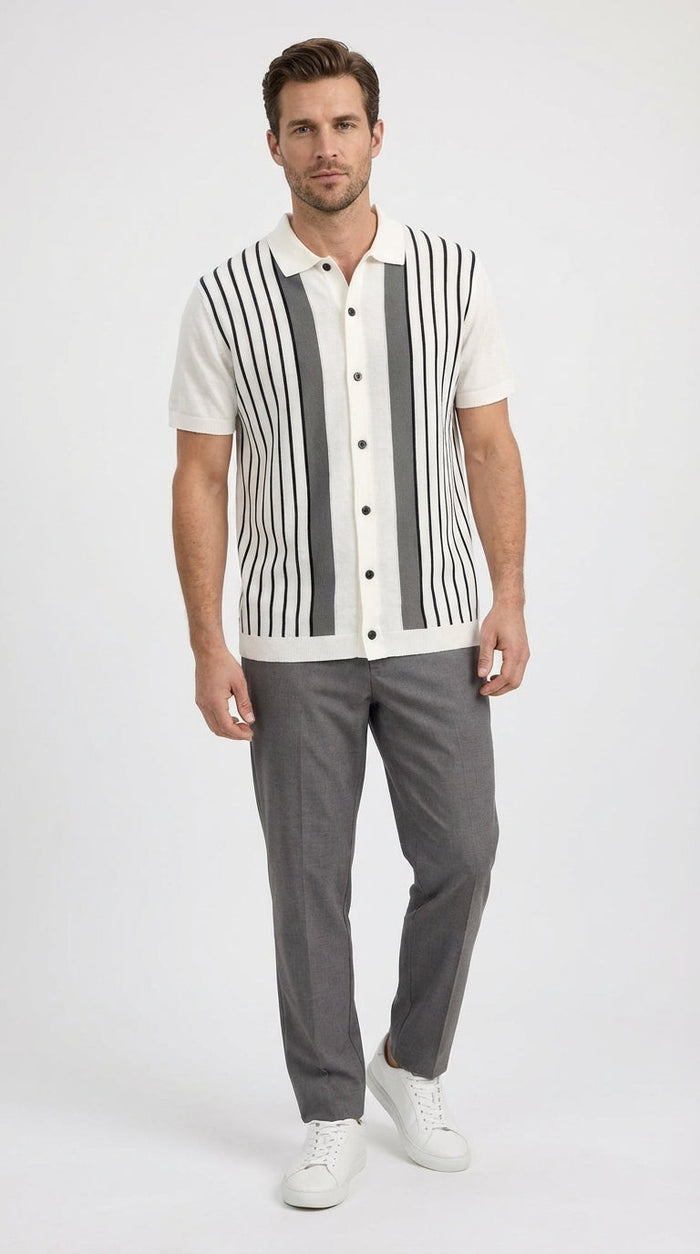 Mens White and Charcoal Gray Stripe Walking Suit Set – Short Sleeve Button Shirt and Pants Casual Summer Outfit for Travel, Vacation and Everyday Wear