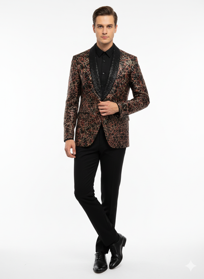 Men’s Black Shiny Designer Blazer with Red and Gold Pattern – Luxury Party & Wedding Jacket 6   - from alligatorwarehouse.com