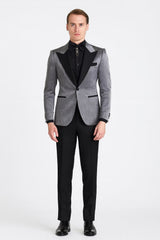 Silver Metallic Tuxedo Suit with Black Satin Peak Lapel – Mens Slim Fit Formal Wedding and Prom Attire in Charcoal Grey With Pants