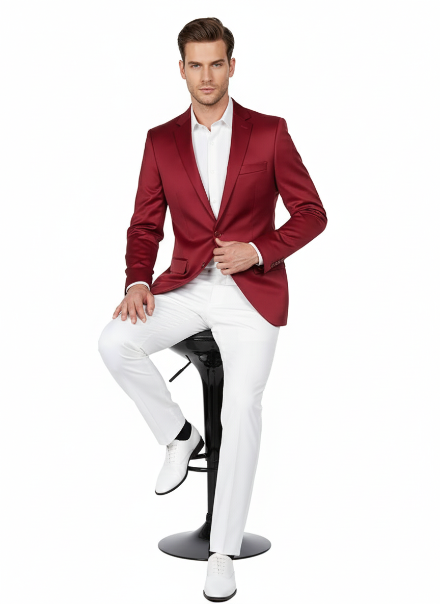 Premium Men's Burgundy  Satin Slim Fit Blazer – Elegant Party & Wedding Suit Jacket in Maroon Wine Color