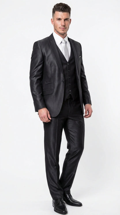 Men’s Black Three Piece Suit – Modern Fit 3PC Formal Suit with Vest for Wedding, Prom and Business Events Sharkskin Shiny Fabric