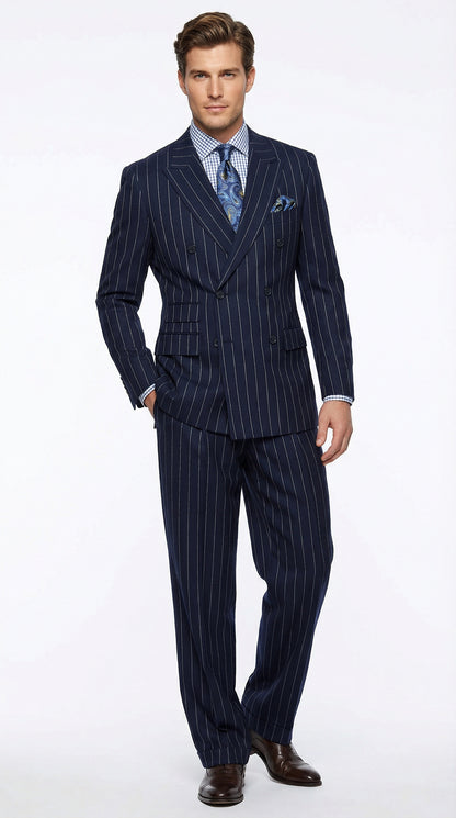 Men's Navy Blue Double Breasted Pinstripe Suit – Modern Fit By rossiman