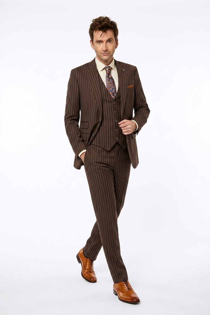 Men’s Doctor Who Inspired Brown Pinstripe 3-Piece Suit – Retro Vintage Wedding, Costume & Formal Suit