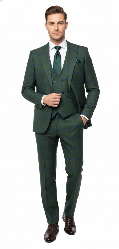 Men’s Green Plaid 3-Piece Suit – Classic Check Slim Fit Suit for Weddings, Church, and Formal By Rossiman 8   - from alligatorwarehouse.com