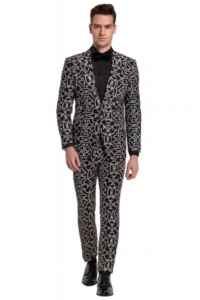 Men’s Black and Silver Sequin Tuxedo – Slim Fit 2-Piece Party and Wedding Suit with Sparkling Design- Black and White Color 5   - from alligatorwarehouse.com