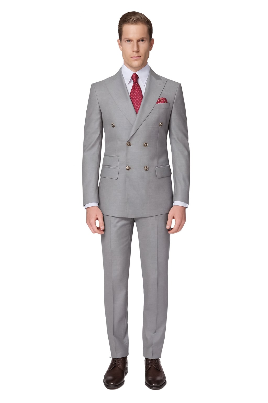 Mens Light Grey Double-Breasted Suit – Classic Slim Fit Business and Wedding Formal Attire