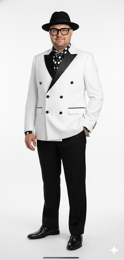 Men’s White and Black Double-Breasted Tuxedo – Modern Slim Fit Formal Suit for Weddings, Parties, and Special Occasions 9   - from alligatorwarehouse.com