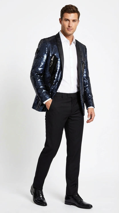Men’s Navy Sequin Blazer – Navy Blue Sparkle Sequin Formal Blazer with Satin Lapel for Prom, Party and Evening Events