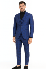 Men’s Saphire Blue Paisley 3-Piece Suit – Slim Fit Designer Tuxedo Set for Weddings and Formal Events in Cobalt Blue Color