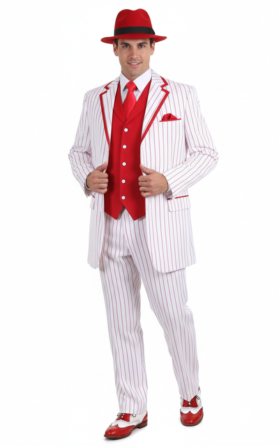 Men’s 1920s White and Red Pinstripe Zoot Suit with Fedora Hat and Wingtip Shoes – Vintage Gangster 3-Piece New Year Holiday Christmas Suit 8   - from alligatorwarehouse.com