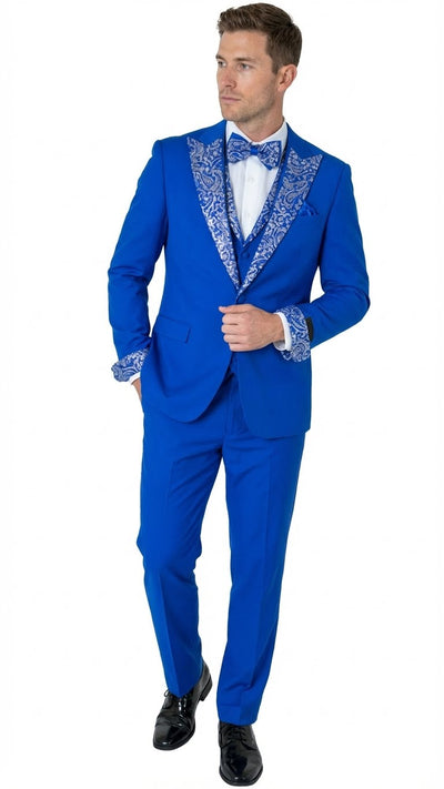 Men’s Bright Royal Blue and White lapel  Embellished Tuxedo Suit –  3-Piece Formal Wedding, Prom, and Gala Outfit 1   - from alligatorwarehouse.com