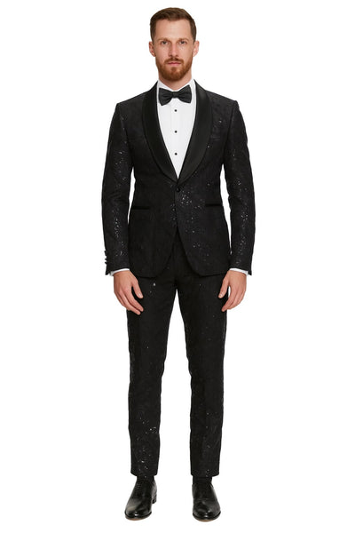 Black Sequin Tuxedo Suit with Satin Shawl Lapel – Mens Slim Fit Formal Prom and Wedding Attire 1   - from alligatorwarehouse.com