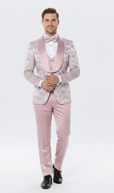 Men’s Light Pink Dusty Rose -  Floral Tuxedo Suit – Luxury Satin Shawl Lapel 3-Piece Formal Wedding and Prom Suit in Blush Mauve color 1   - from alligatorwarehouse.com