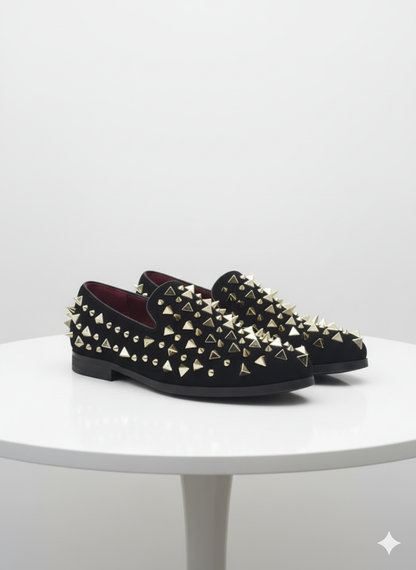 Men’s Studded Velvet Loafers – Designer Party and Prom Dress Shoes with Gold and Silver Spikes