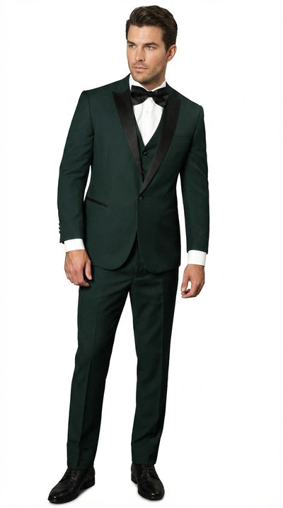 Men’s Hunter Green Tuxedo Suit 3 Piece – One Button Peak Lapel Designer Formal Suit for Wedding,  Light Weight Wool By Statement Dark Green