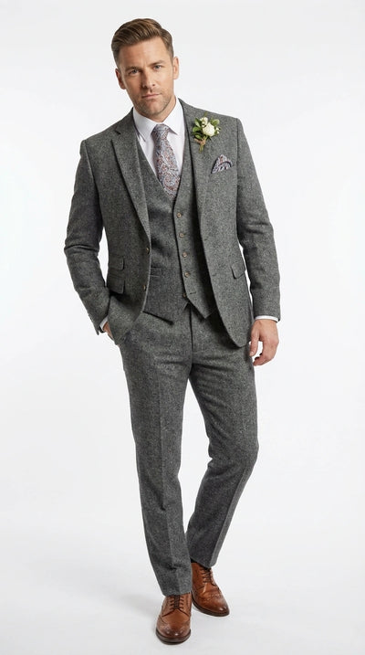 Men’s Peaky Blinder Light Grey Tweed Suit with Vest – Classic Three Piece Formal Suit, Vintage Wedding Business Outfit