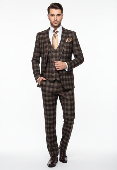 Men’s Brown Plaid Windowpane Three-Piece Suit Set – Classic Slim Fit Jacket, Double-Breasted Vest and Modern Fit Pants  By Rossiman