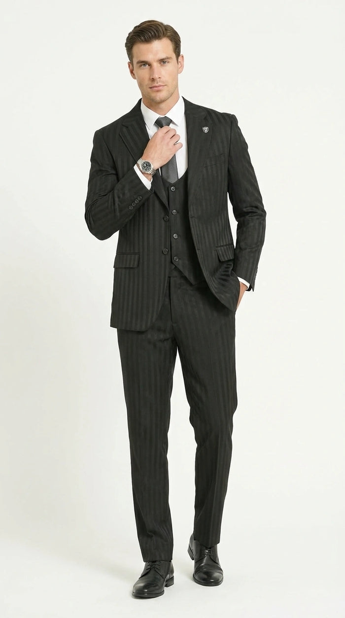 Men’s Black Pinstripe 3 Piece Suit – Vested Formal Business Suit for Wedding, Office, Prom and Party Wear