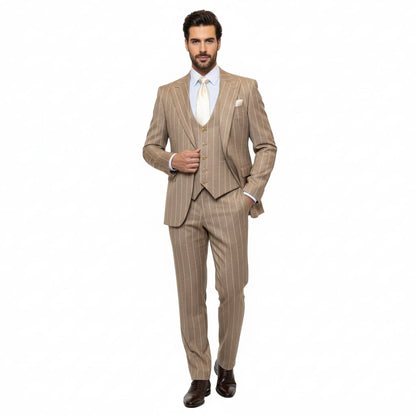 Men's Beige Pinstripe Three-Piece Vested Suit – Tailored Fit  Business Attire in Tan Stripe by Rossiman