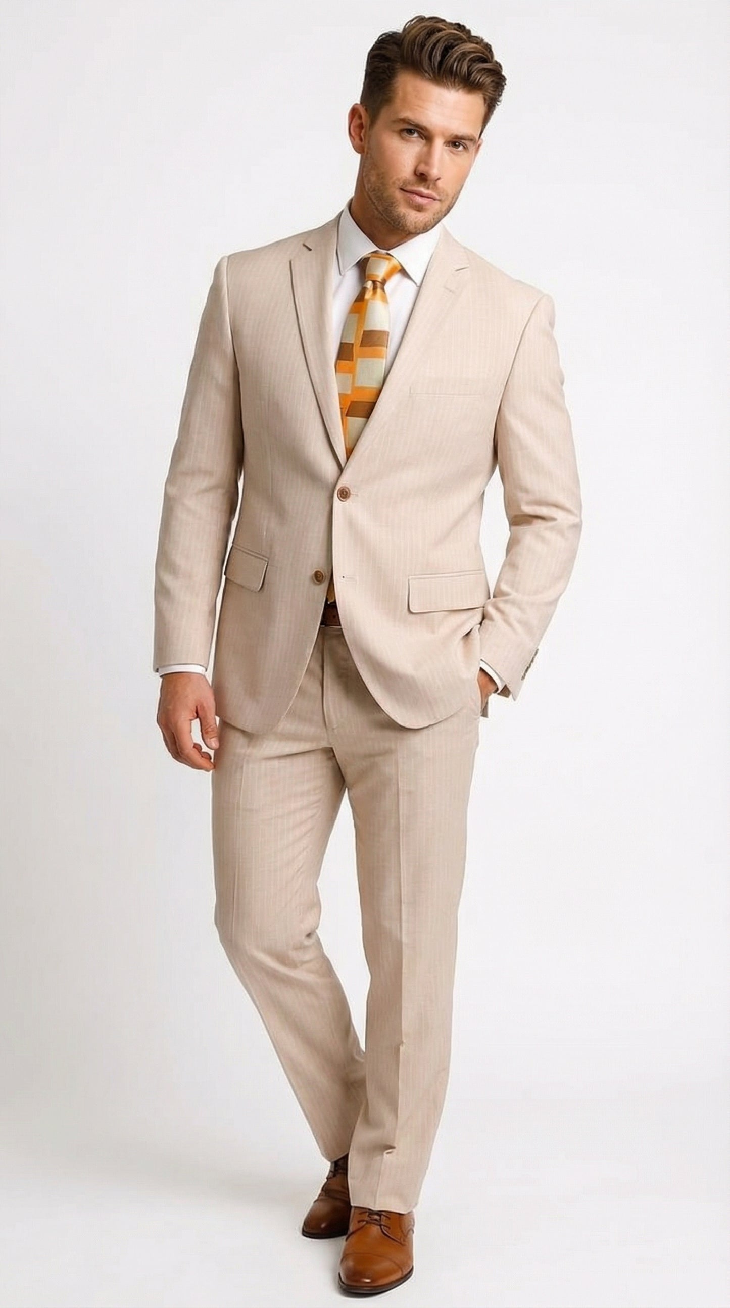 Vitali Men’s Natural Beige Pinstripe Suit – Summer Tan Pinstripe  Weddings and Business Wear