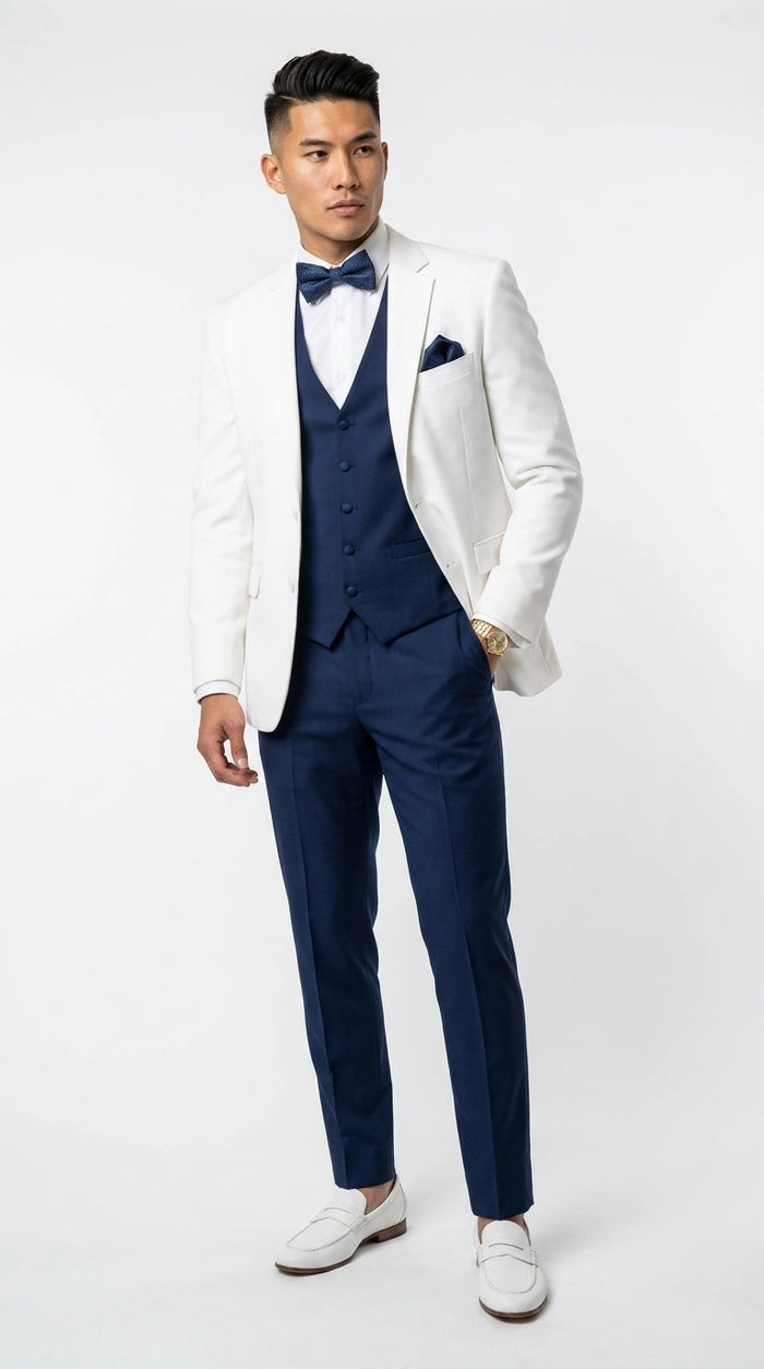 Men’s White and Navy blue tuxedo  3 Piece Suit – Classic White Blazer with Navy Vest and Pants for Wedding, Party + Bowtie