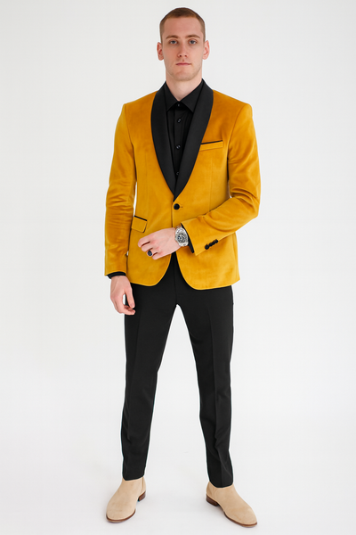 Men’s Mustard Gold Velvet Tuxedo Jacket – Slim Fit Dinner Blazer with Black Satin Shawl Lapel + Free Black Pants & Bowtie 4   - from alligatorwarehouse.com