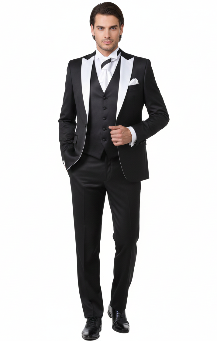 Men’s Black and White Lapel Prom Tuxedo Suit + Black Vest + Black Pants Peak Lapel