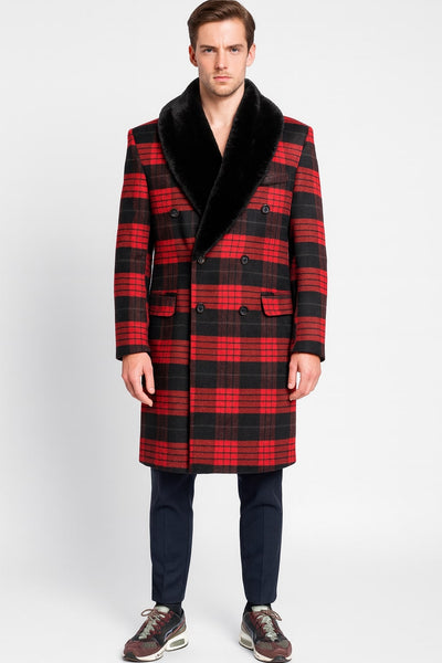 Mens Red and Black Plaid Wool Overcoat with Black Faux Fur Shawl Collar – Double-Breasted Winter Coat - Tartan Design 1   - from alligatorwarehouse.com