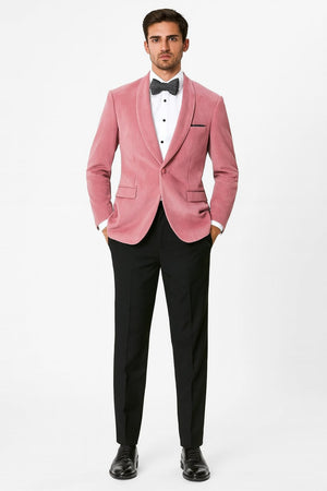 Mens Pink Velvet Tuxedo Dinner Jacket with Shawl Lapel – Slim Fit Blazer for Weddings, Prom in Rose Gold Color